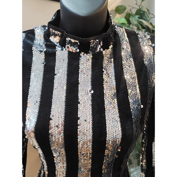 Missguided Petite Sequin Mini Dress US2 Black Silver Long Sleeve Party Cocktail - Picture 6 of 12